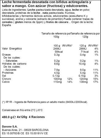 Bífidus Activia 0% pack 4 frutas mango