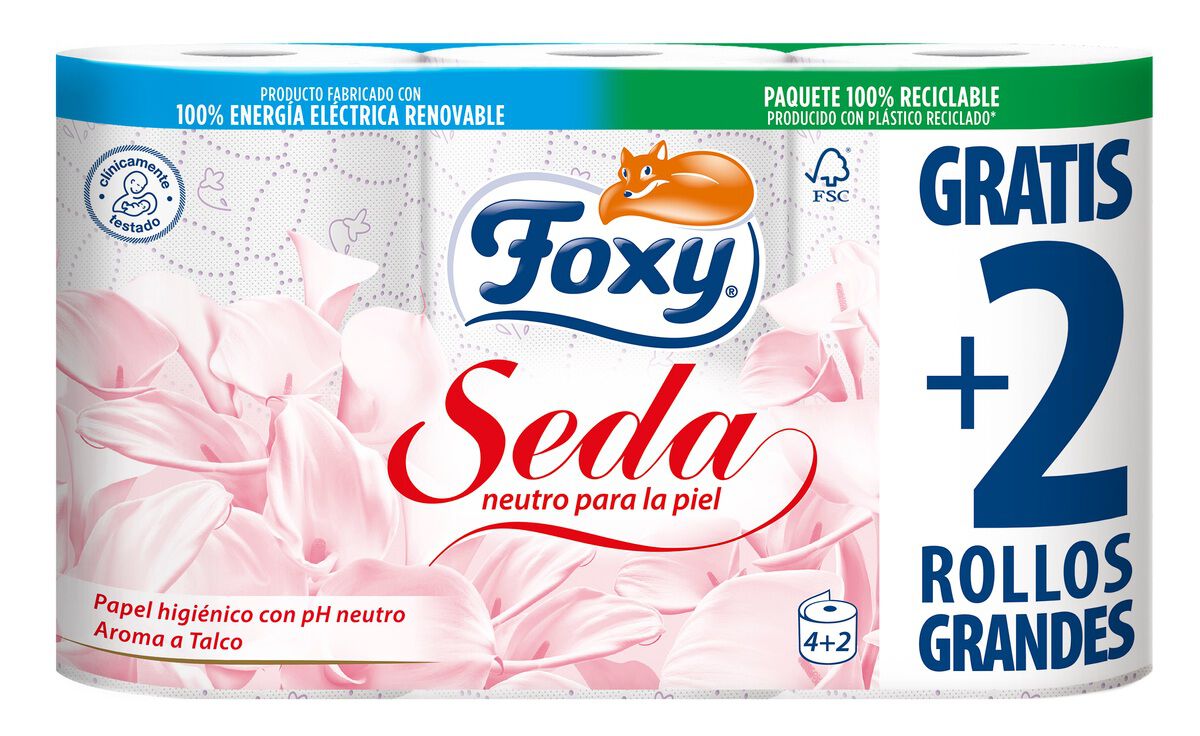 Papel higiénico Foxy 4+2 rollos seda con pH neutro para la piel y aroma a talco