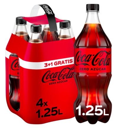 Refresco zero cola sin az&uacute;car ni calor&iacute;as Coca-Cola 1,25l pack 3 m&aacute;s 1 gratis