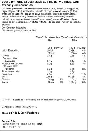 B&iacute;fidus Activia fibra desnatado 0% materia grasa pack 4 muesli