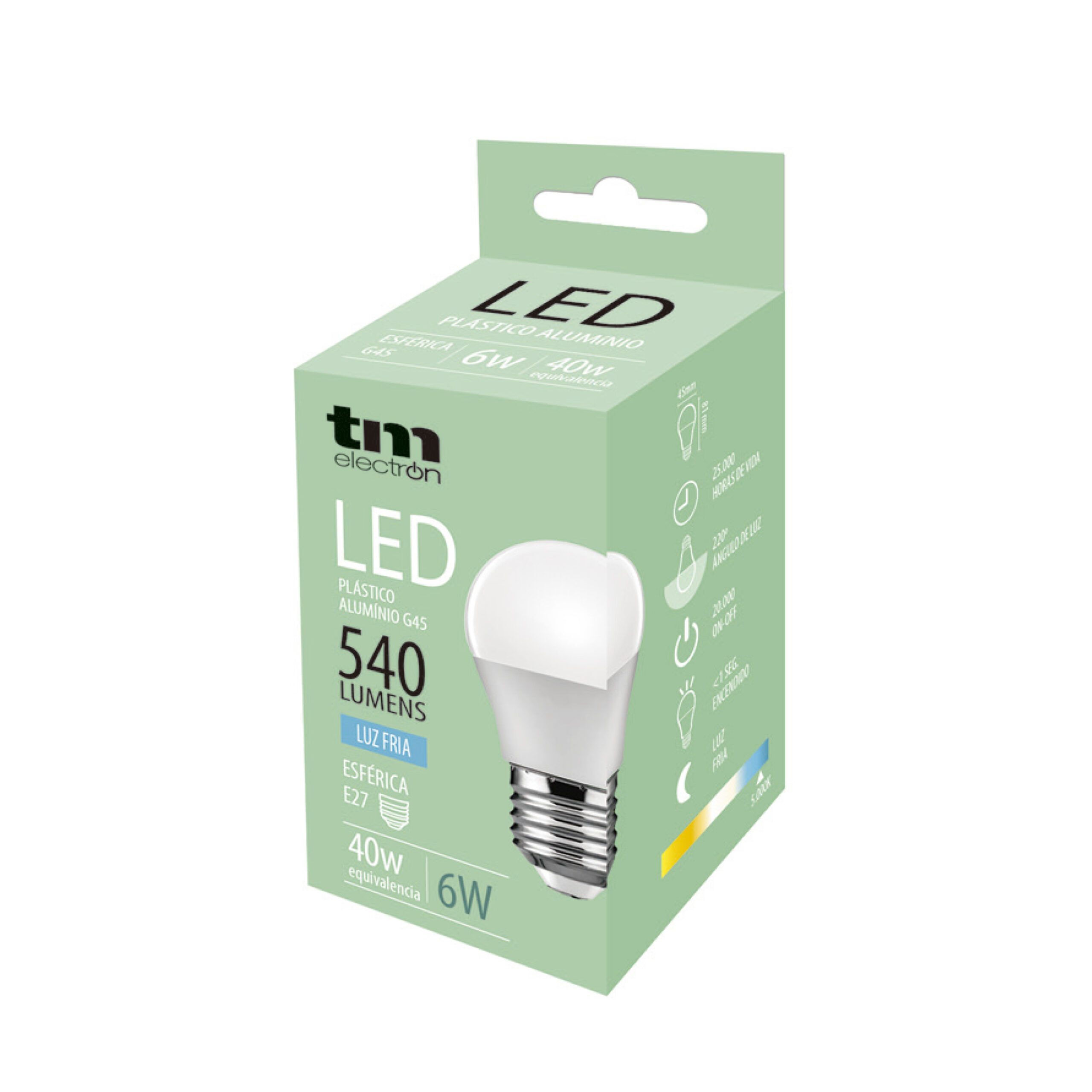Bombilla Led esférica e27 plástico TM g45 6W fría