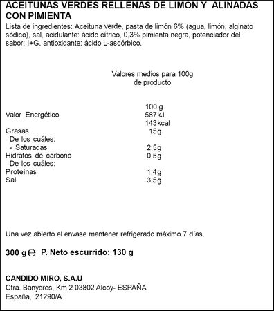 Aceitunas verdes rellenas de lim&oacute;n y ali&ntilde;adas con pimienta Serpis 130g