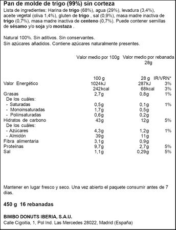 Pan molde Bimbo sin lactosa sin corteza natural 450g