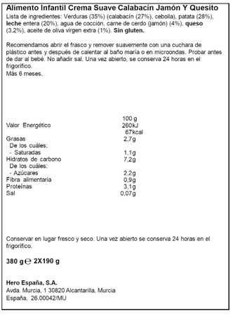 Alimento infantil crema suave de calabac&iacute;n con jam&oacute;n y quesito Hero 190 g pack 2 buenas noches