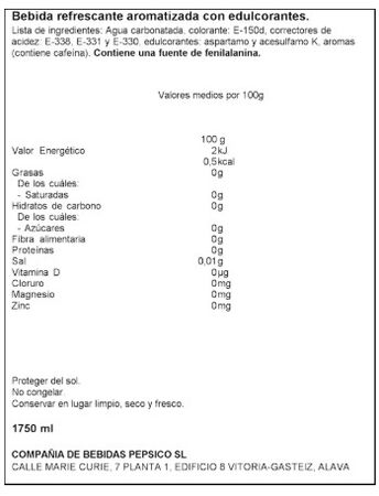 Refresco de cola zero az&uacute;car botella Pepsi 1,75l