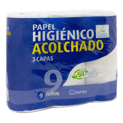 Papel higi&eacute;nico Lanta 9 rollos triple capa acolchado