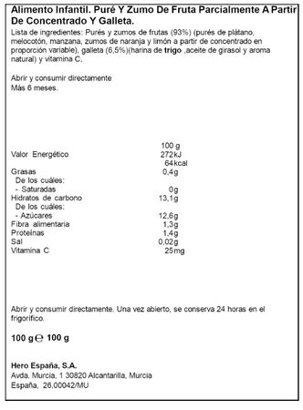 Alimento infantil preparado de frutas sin az&uacute;car a&ntilde;adido y sin gluten Hero 100 g multifrutas con galletas
