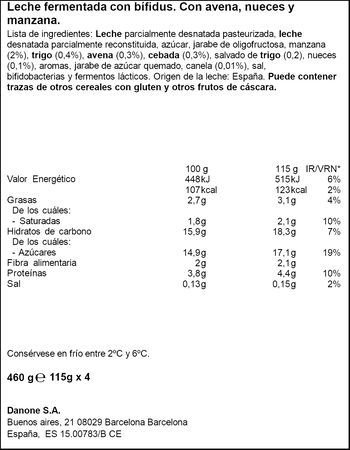 B&iacute;fidus Activia avena, manzana y nueces 115g