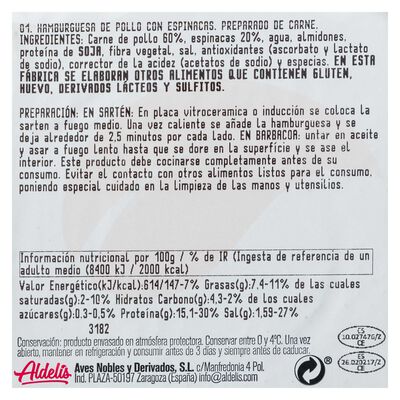 Hamburguesa de pollo y espinacas Aldelis pack 4 de 78g