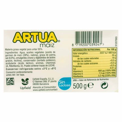 Materia grasa maíz para untar Artua 500g