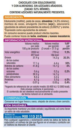Chocolate puro almendras s/gluten s/azúcar añadido Alipende 150g