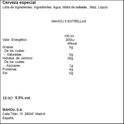 Cerveza rubia mini Mahou 5* 20cl pack 6