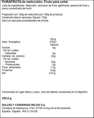 Mermelada de melocot&oacute;n Purafruta Helios 250g