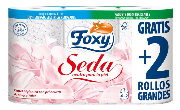 Papel higiénico Foxy 4+2 rollos seda con pH neutro para la piel y aroma a talco