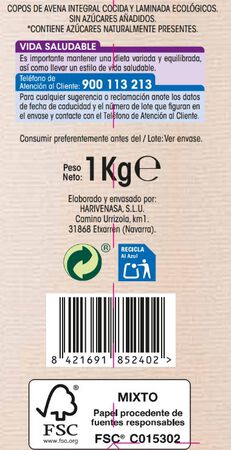 Copos de avena integral suaves ecol&oacute;gicos Alipende 1kg