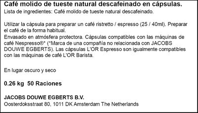 C&aacute;psulas de caf&eacute; espresso descafeinado intensidad 9 compatible con Nespresso L'or 50 c&aacute;psulas