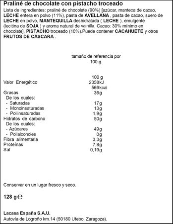 Turrón de praliné de chocolate y pistachos Lacasa 128g