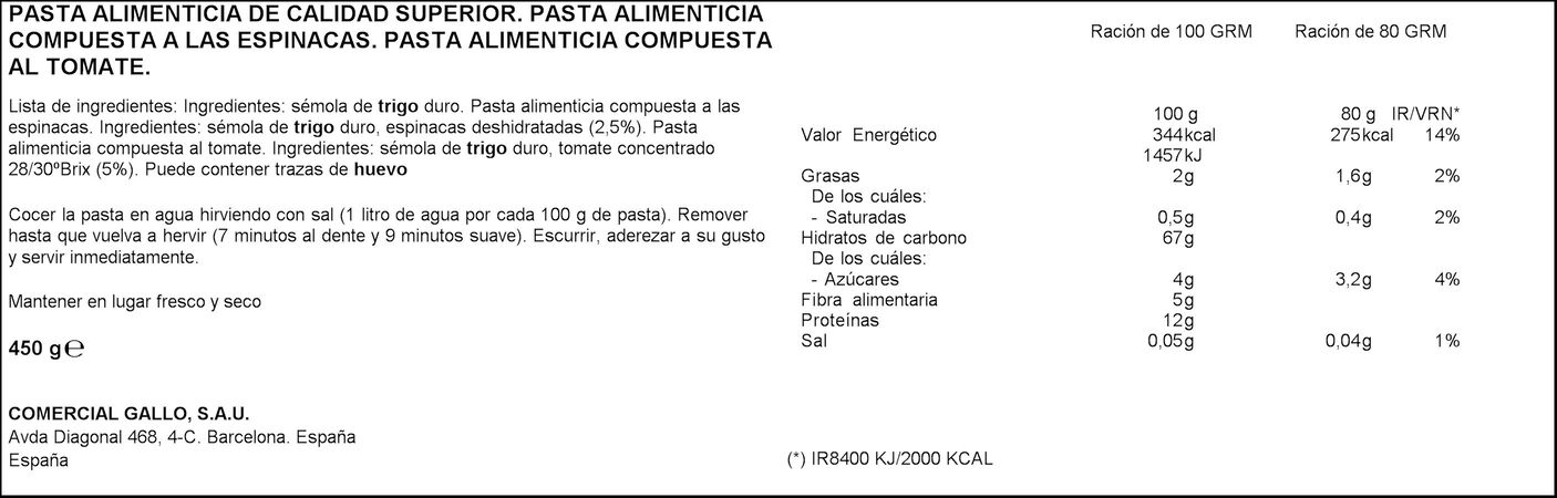 Hélices Gallo 450g con vegetales