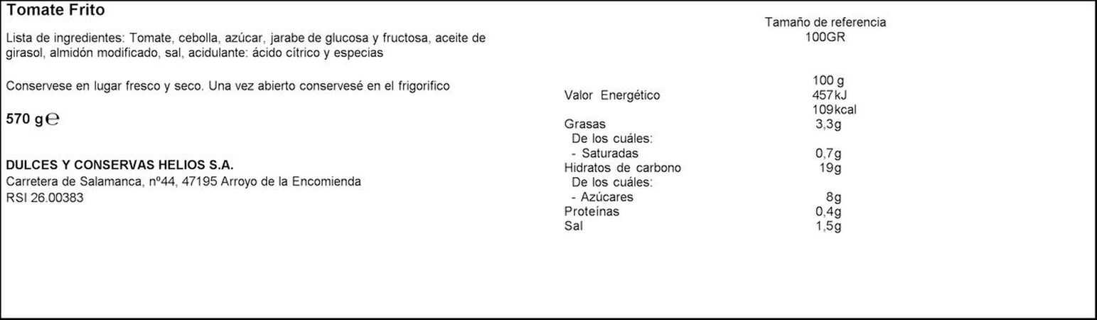 Tomate frito sin gluten Helios tarro de cristal 570g
