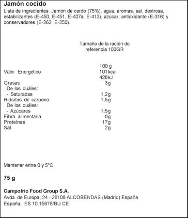 Jam&oacute;n cocido Campofr&iacute;o 75gr