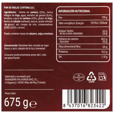 Pan de molde Milagros 675G 52% Centeno