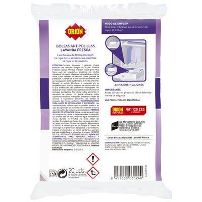 Bolsas Antipolillas Aroma a Lavanda Fresca Orion - Bolsa de 20uds