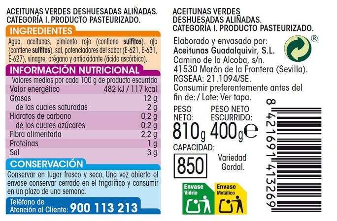 Aceitunas sin hueso Alipende 400g gordal aliñada
