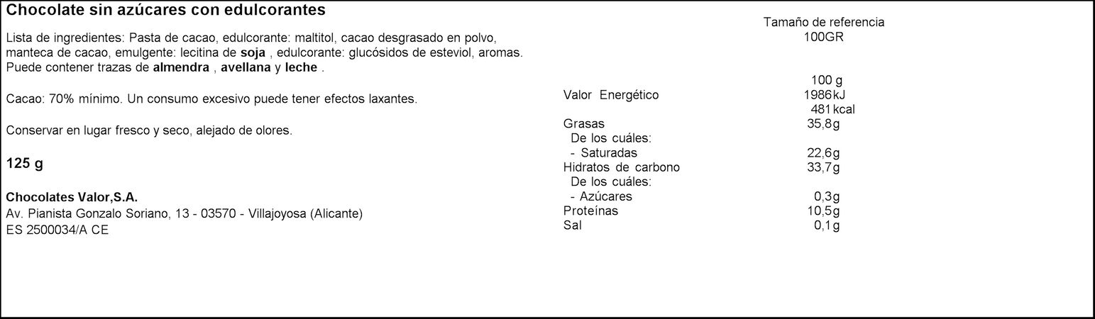 Chocolate negro 70% de cacao s/gluten Valor 125g