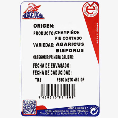 Champiñón cortado bandeja 450g