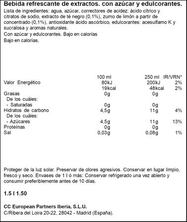 Refresco de t&eacute; al lim&oacute;n Fuze Tea 1,5l Botella