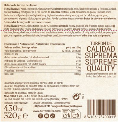Helado de Turr&oacute;n de Jijona 1880 430ml / 320gr