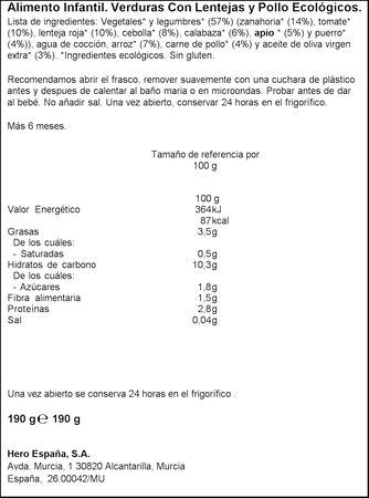 Tarro Hero solo bio verduras lentejas y pollo 190gr