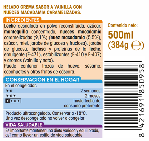 Helado tarrina premium Alipende vainilla macadamia 500ml