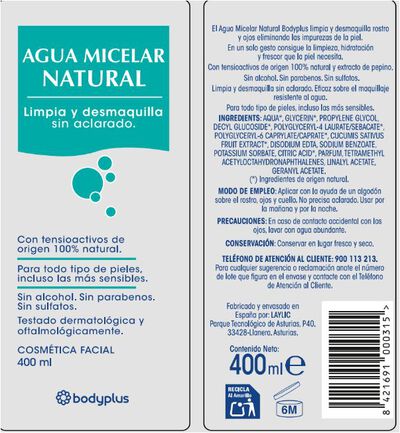 Agua micelar natural limpia y desmaquilla Bodyplus 400 ml