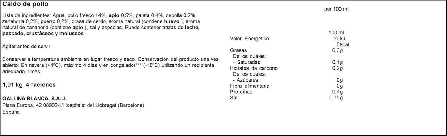 Caldo casero Gallina Blanca 1l pollo 100% natural