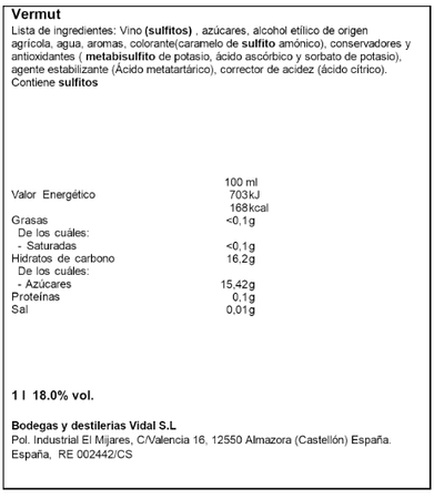 Vermouth rojo gran artesano Vidal 1l