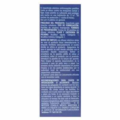 Insecticida el&eacute;ctrico pastilla Lanta 30 unidades recambio