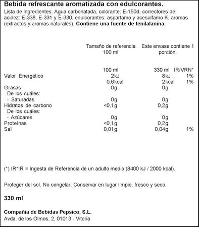 Refresco cola Pepsi zero lata 33cl sin cafeína