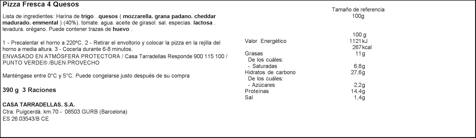 Pizza Casa Tarradellas 390g cuatro quesos