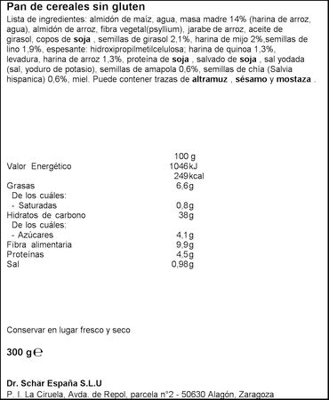 Pan molde Schär sin gluten con cereales 300g