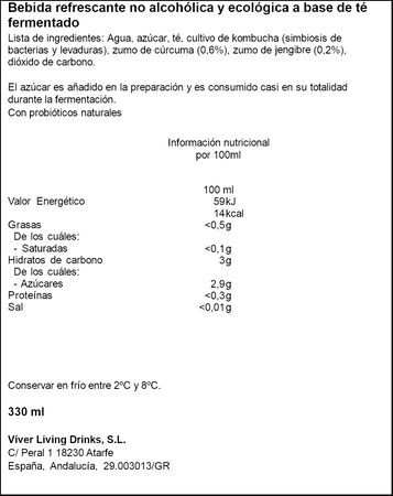 Bebida org&aacute;nica kombucha con jengibre y c&uacute;rcuma Viver 330ml