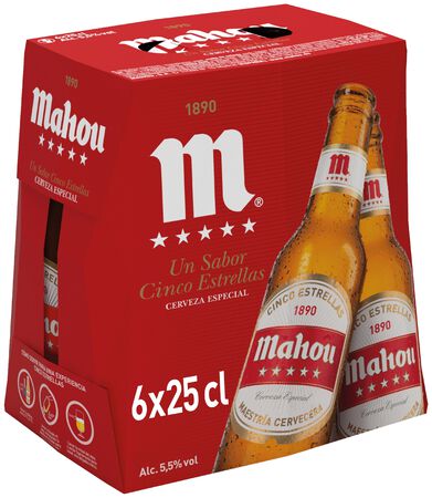 Cerveza rubia especial Mahou 5 Estrellas pack 6 botellas 25cl