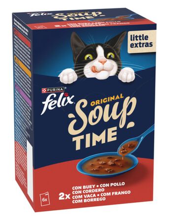 Alimento de gato soup con carne con buey con pollo y con cordero Felix 288g