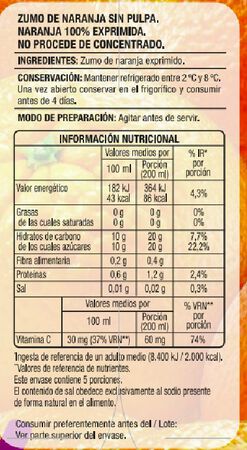 Zumo de naranja 100% exprimida sin pulpa Alipende 1L