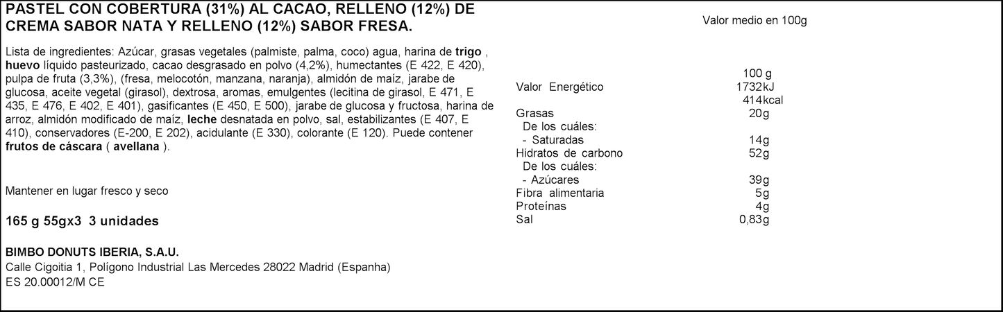 Pastelito Bony Bimbo relleno crema y mermelada fresa 3 uds