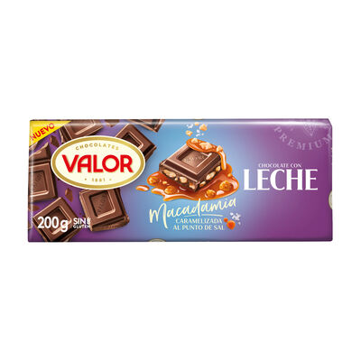 Chocolate con leche y nueces de macadamia caramelizada al punto de sal Valor 200g