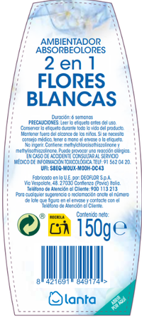 Ambientador absorbeolores Lanta 150g Flores blancas