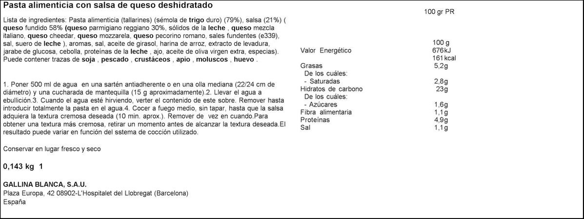 Tallarines deshidratados parmesana Gallina Blanca 143g