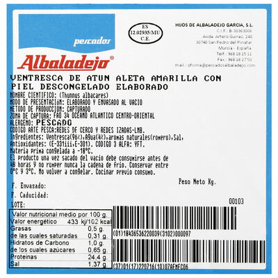 Ventresca de atún aleta amarilla pieza 900g - 1kg