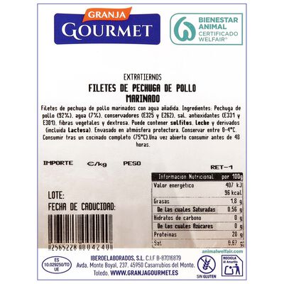 Filetes de pechuga de pollo extratiernos Granja Gourmet 500g aprox